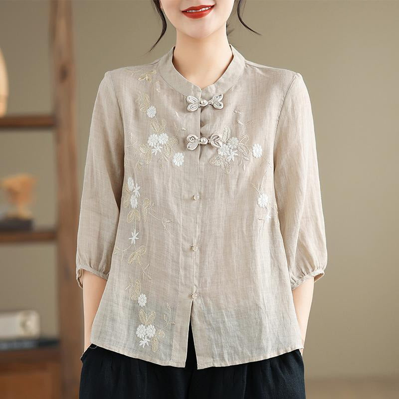 Women's Embroidered Cotton Linen Top with Chinese Button Details