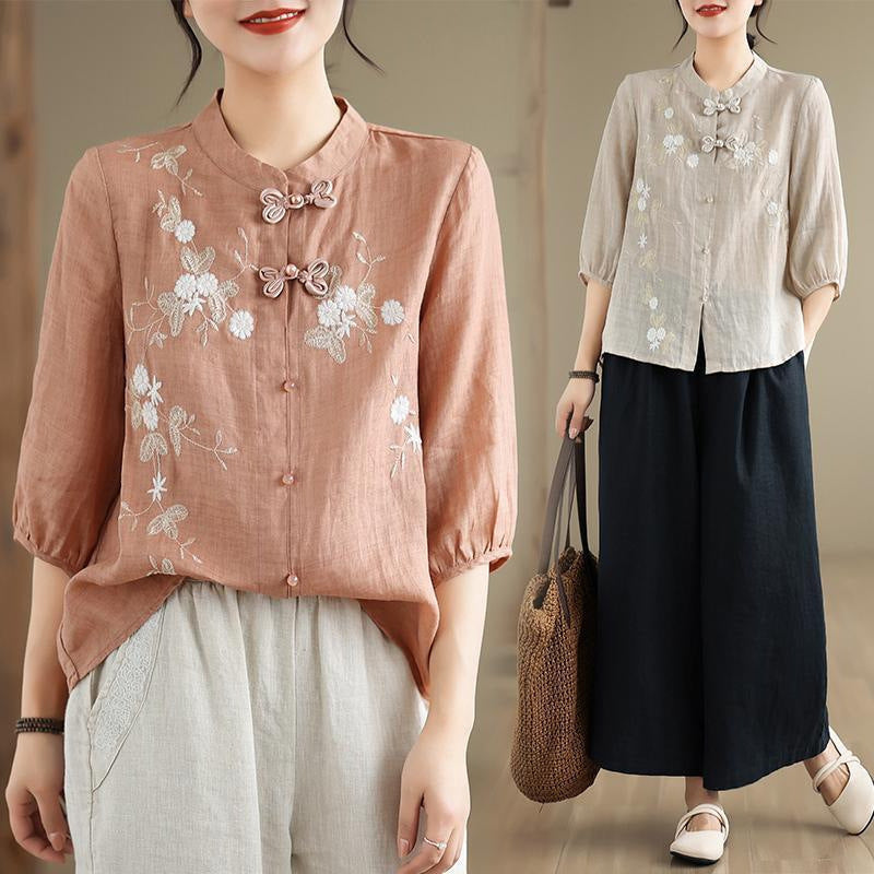 Women's Embroidered Cotton Linen Top with Chinese Button Details