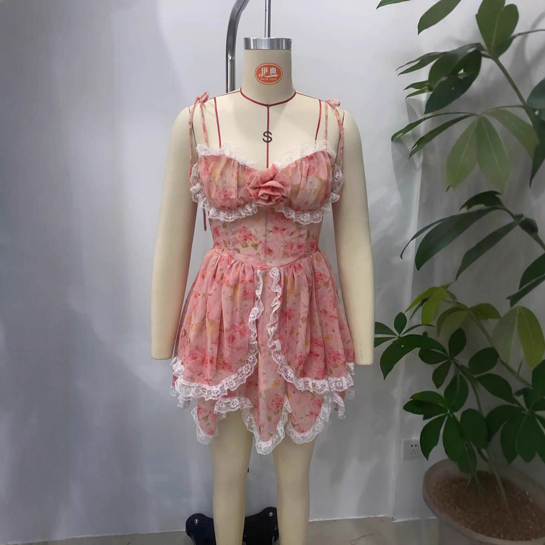 Women's Fashionable Lace Irregular Swing Suspender Skirt