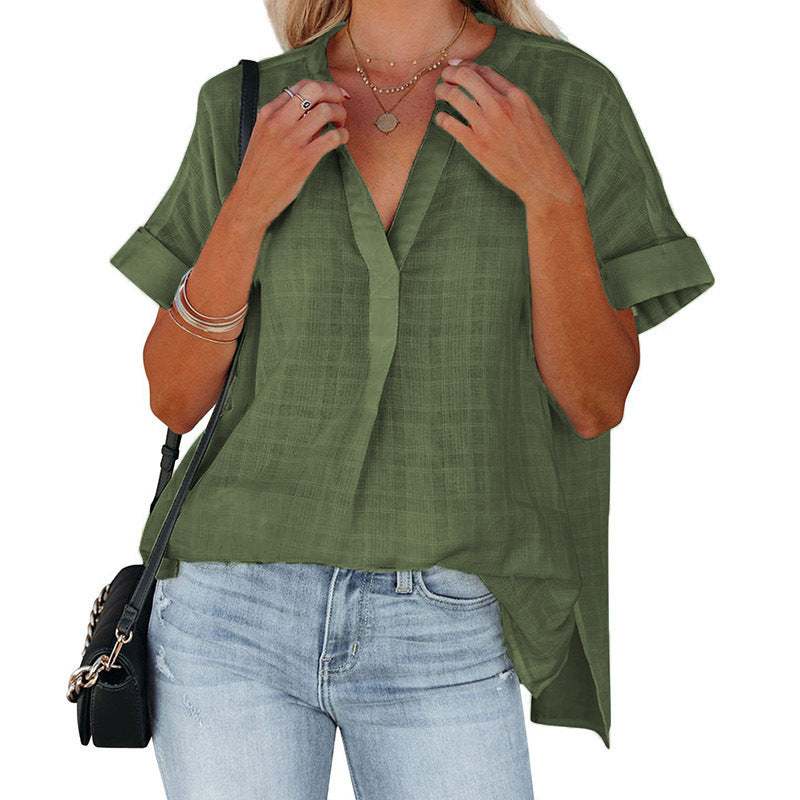 Women's Short Sleeve Thin V-neck Pullover Loose Shirt