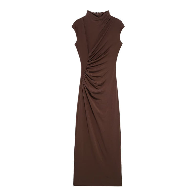 Women's Solid Color Pleated Decorative Waist Slim Fit Dress