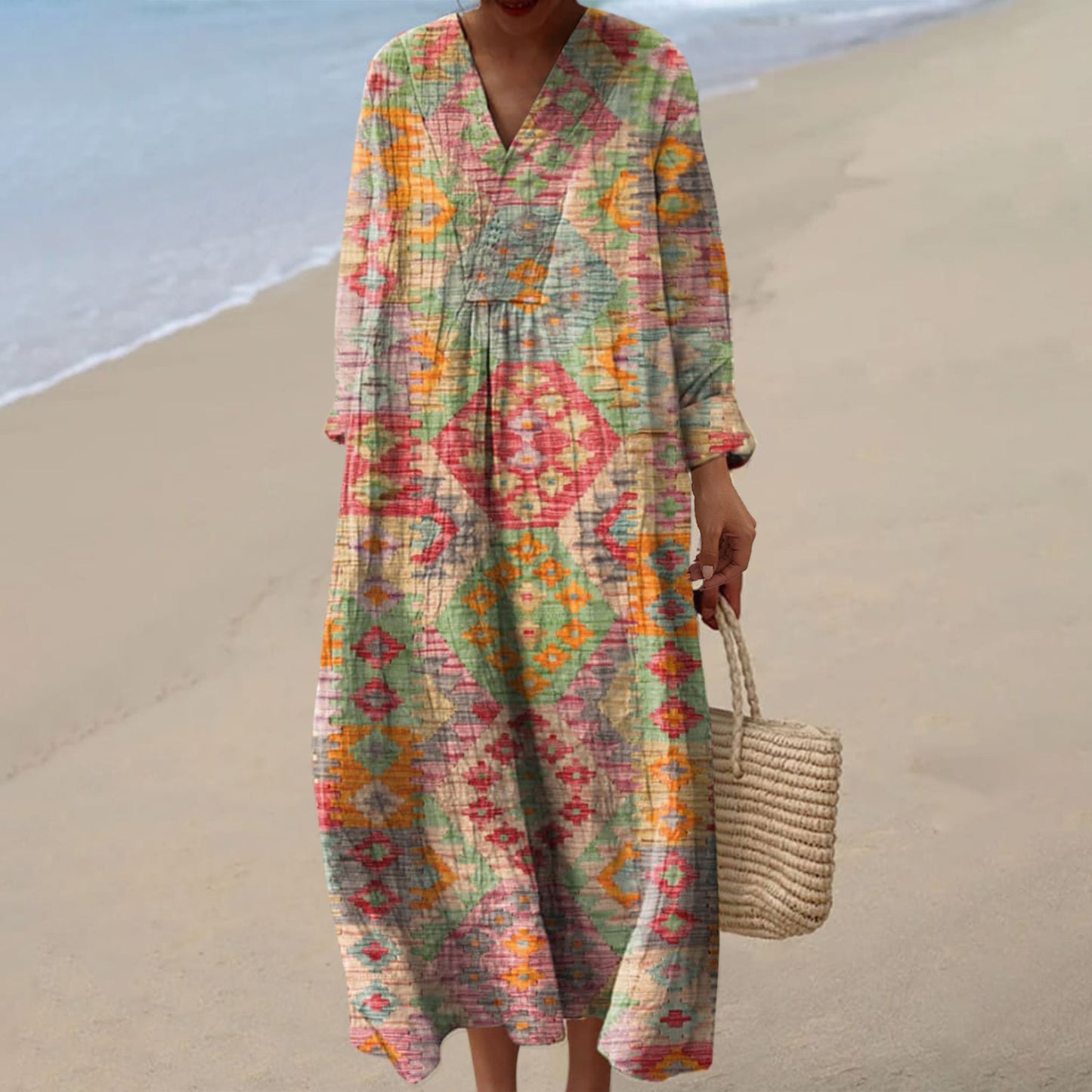 Women's Casual 3D Printed Floral Print Sleeved Long Dress