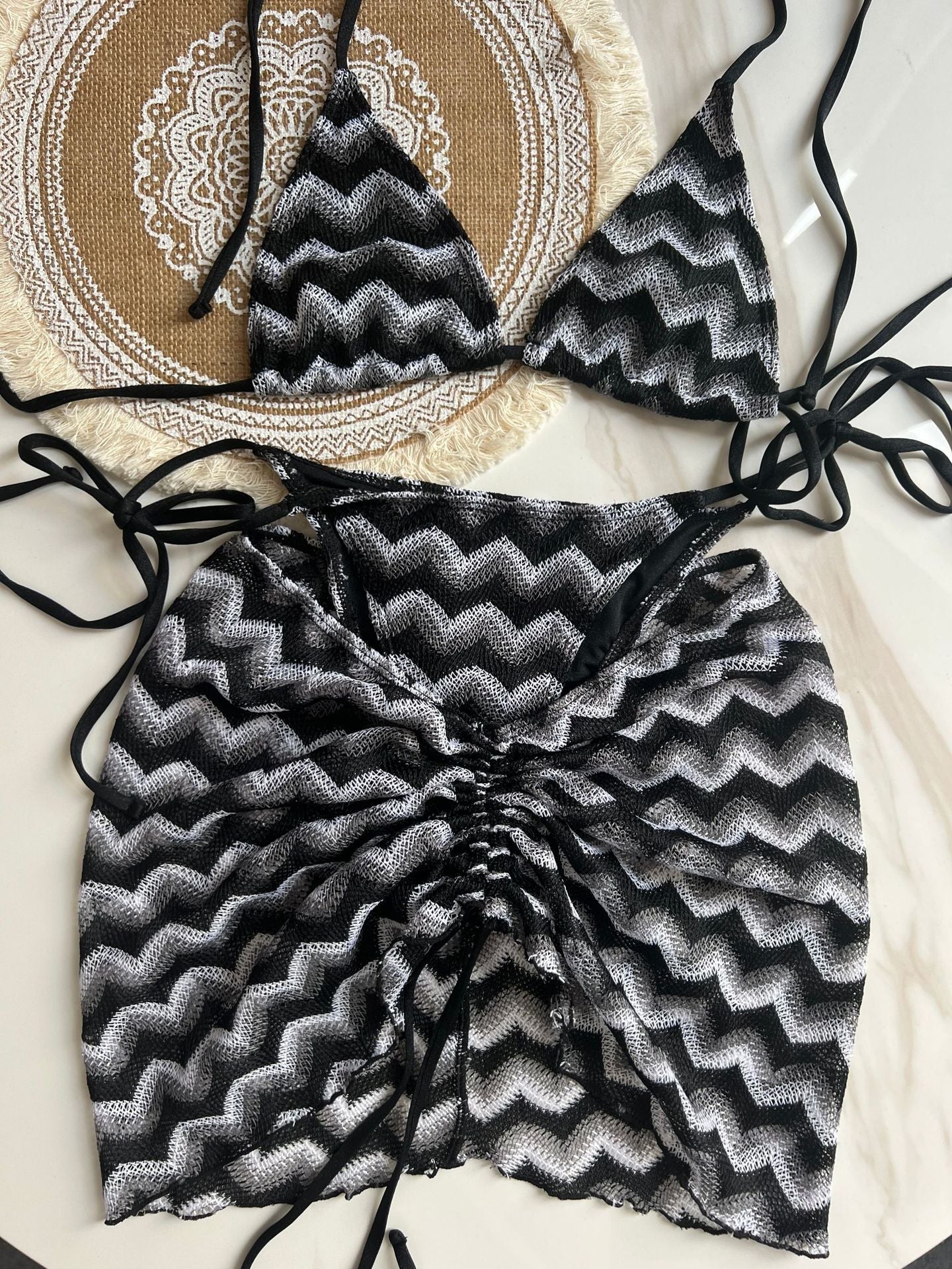 Knitting Bikini Skirt Three-piece Set Bikini Striped Swimsuit Bikini Women Swimw