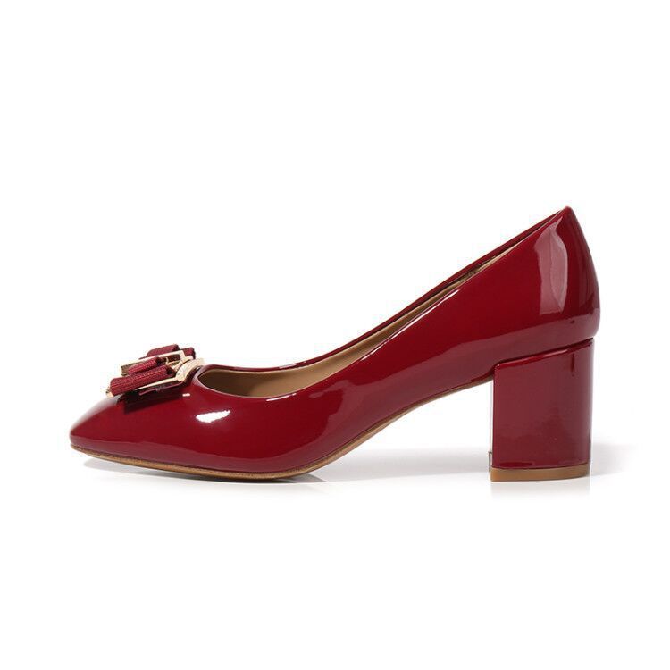 Mid Heel Round Head Chunky Heel High Heel Patent Leather Women's Shoes