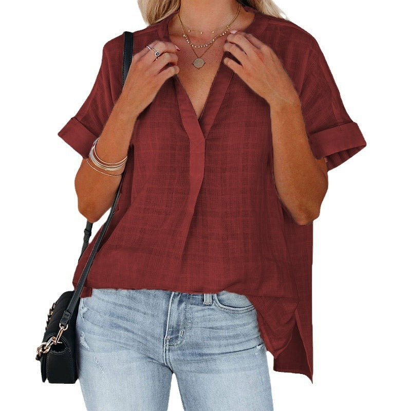 Women's Short Sleeve Thin V-neck Pullover Loose Shirt