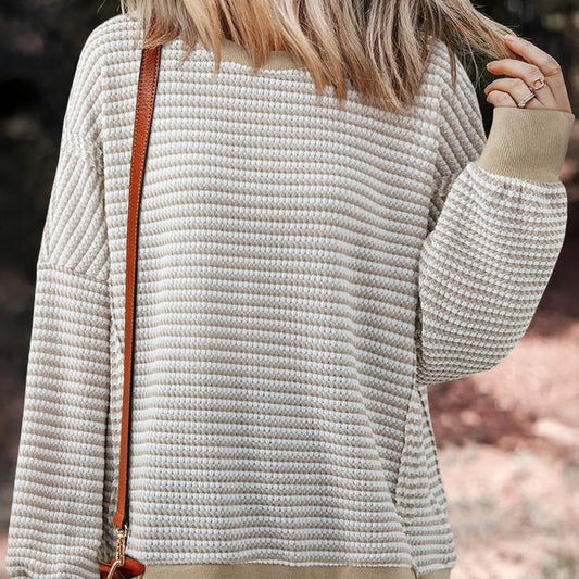 Brown Stripe Ribbed Trim Drop Shoulder Long Sleeve Oversize Top